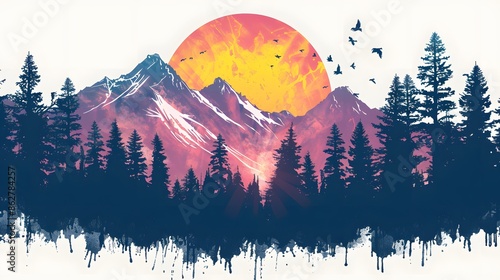 Adventure at the mountain graphic artwork for t shirt and others. Mountain with tree retro vintage print design. photo