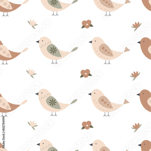 Folk seamless pattern - birds and flowersin scandinavian style, for wrapping, textile, digital or scrapbook paper design