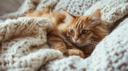 Ginger cat resting on white blanket in cozy setting © TheWaterMeloonProjec