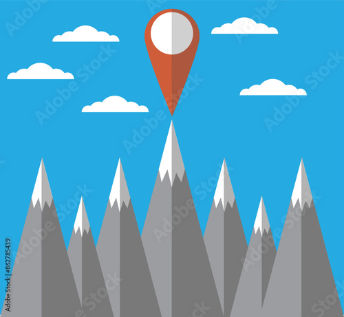 Mountains with Map Marker Flat Design. Climbing and achieving success in business concept vector