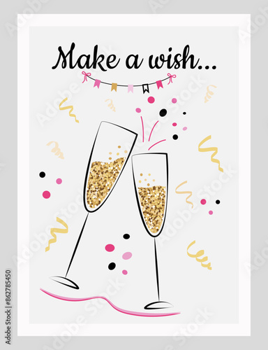 Bright birthday card in flat cartoon design with  glasses, champagne and calligraphy. Cute vector illustration template.
