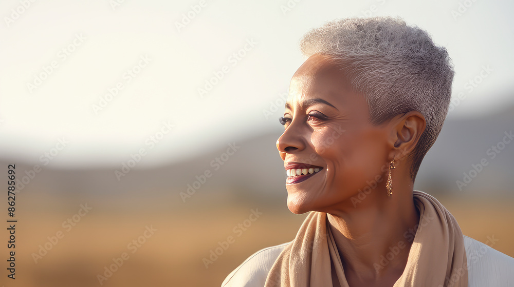 Elegant, elderly pensioner, chic African American woman with gray short hair, creamy beige background, banner. Elegant, elderly pensioner, chic African American woman with gray short hair, creamy beige background, banner.