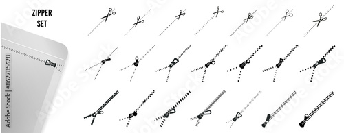 Zippers and scissors for package, shows the place of opening icon set