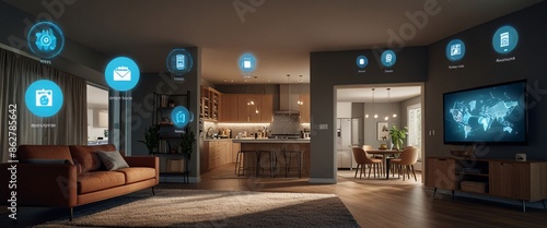 illustrate the concept of the Internet of Things with an image of a smart home, featuring various connected devices and appliances, shot from a low angle with a wide-angle lens © Monmeo