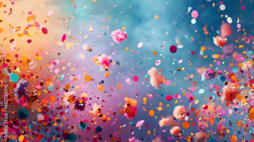 Colorful Confetti Falling Against a Blue and Orange Background