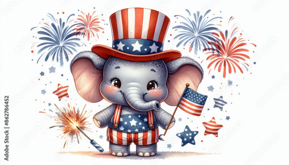 Patriotic Elephant Celebrates Independence Day - An adorable elephant dressed in red, white, and blue attire celebrates Independence Day with fireworks and a sparkler.