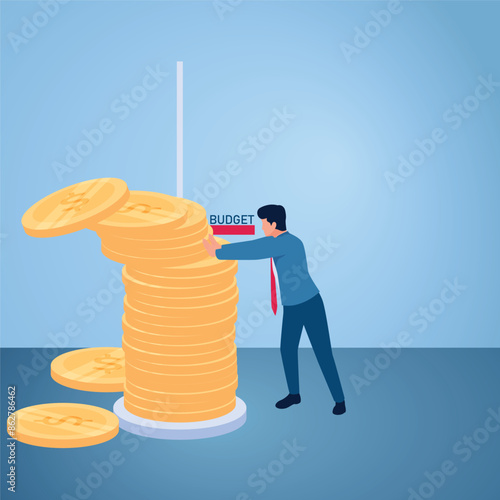 A man pushes coins from a stack to align with the budget line, an illustration of budget cuts.
