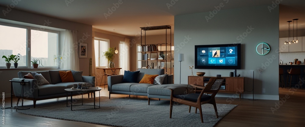 illustrate the concept of the Internet of Things with an image of a smart home, featuring various connected devices and appliances, shot from a low angle with a wide-angle lens illustrate the concept of the Internet of Things with an image of a smart home, featuring various connected devices and appliances, shot from a low angle with a wide-angle lens