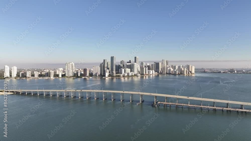 Aerial view of Miami skyline and Rickenbacker Causeway, Biscayne Bay, Florida, United States. Aerial view of Miami skyline and Rickenbacker Causeway, Biscayne Bay, Florida, United States.