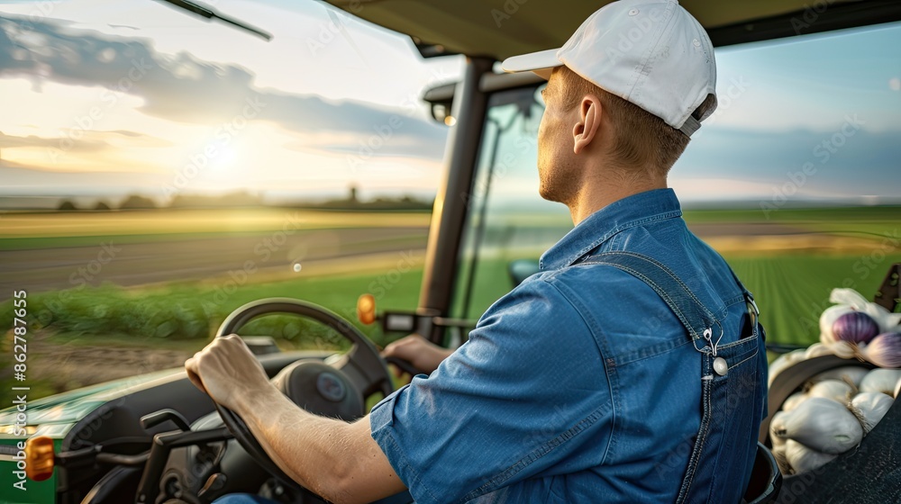A farmer drives a tractor through a field during a beautiful sunset A farmer drives a tractor through a field during a beautiful sunset