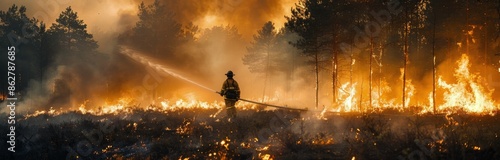 Firefighter Battling Wildfire in Dense Forest During Daytime