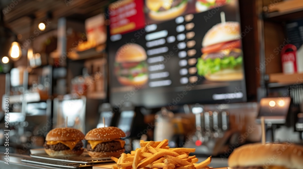 Photo of fast food menu with close-up of burger, tomatoes, and lettuce. Behind, burgers and large tray of fries are on display.