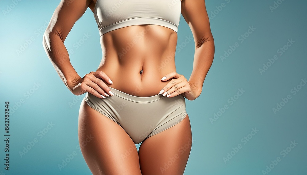junge Frau zeigt ihre schlanke dünne Taille in bikini. junge Frau zeigt ihre schlanke dünne Taille in bikini.
