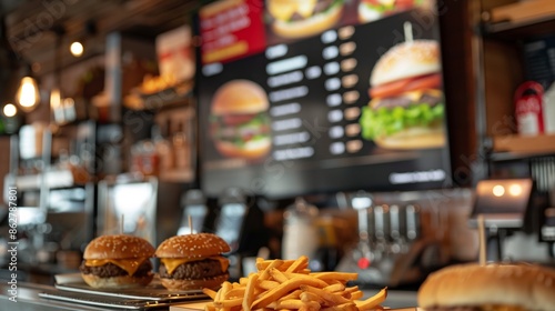 Obraz na płótnie Photo of fast food menu with close-up of burger, tomatoes, and lettuce. Behind, burgers and large tray of fries are on display. w salonie