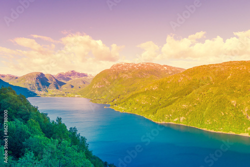 Lake Roldalsvatnet at sunset. Hyttehaugen viewpoint. Beautiful nature Norway photo