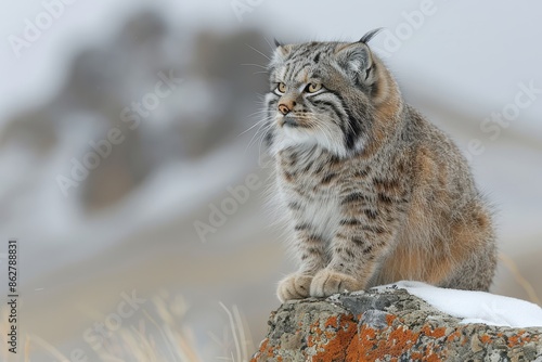 A Pallas's cat sitting on a rocky outcrop in the Central Asian steppes, its thick, fluffy fur and round face with piercing eyes keenly observing its territory.  photo