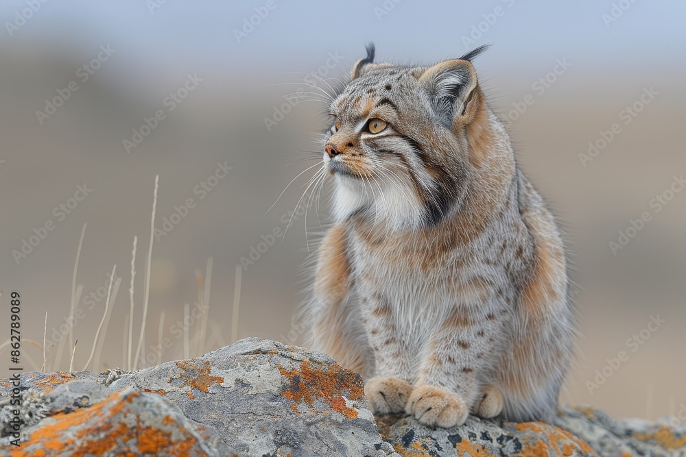A Pallas's cat sitting on a rocky outcrop in the Central Asian steppes, its thick, fluffy fur and round face with piercing eyes keenly observing its territory. A Pallas's cat sitting on a rocky outcrop in the Central Asian steppes, its thick, fluffy fur and round face with piercing eyes keenly observing its territory.