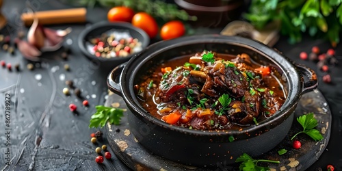 Italian oxtail stew a classic dish known as coda alla vaccinara. Concept Italian cuisine, Oxtail stew, Coda alla vaccinara, Traditional recipe, Slow-cooked dish