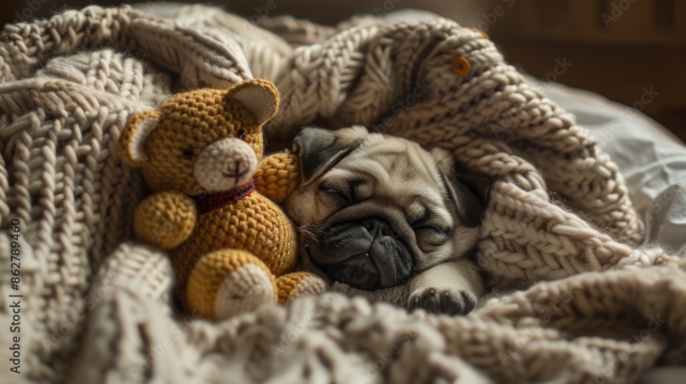Pug puppy snuggles toy bear and naps under blanket at home Pug puppy snuggles toy bear and naps under blanket at home
