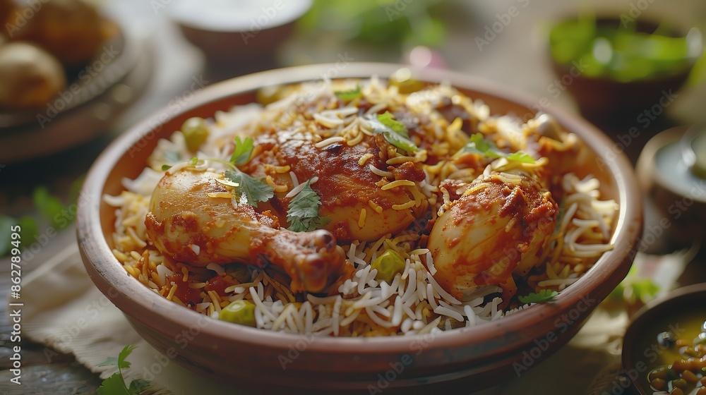 Chicken biryani served with fragrant steamed Chicken biryani served with fragrant steamed