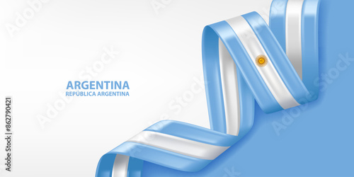 Argentina 3D ribbon flag. Bent waving 3D flag in colors of the Argentina national flag. National flag background design.