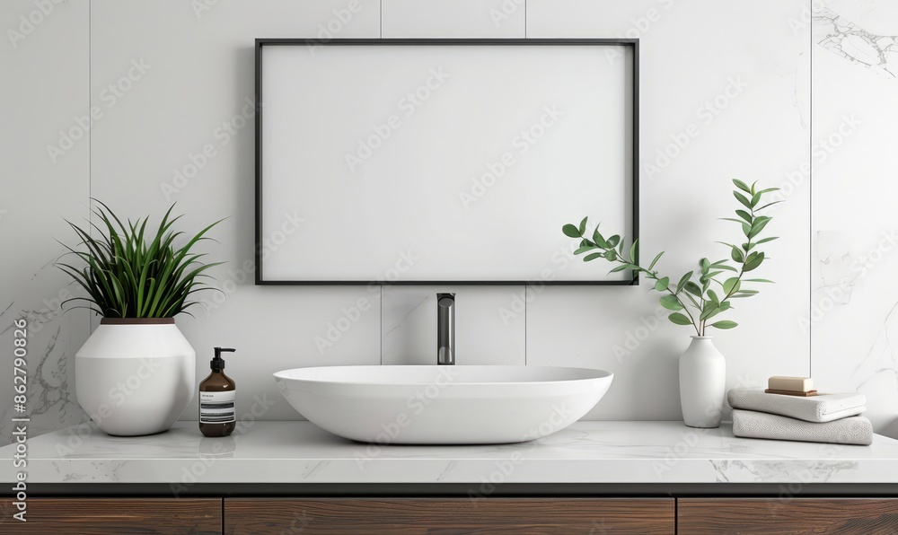 Modern bathroom with an empty frame above the sink