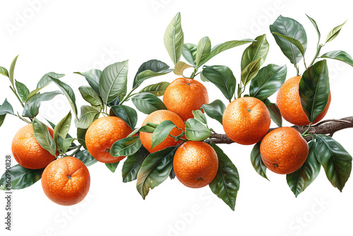 Lush orange branch with vibrant, ripe fruits and glossy green leaves, beautifully arranged on a branch against a soft, textured transparent background