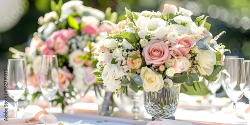 Luxurious and Romantic Wedding Decor Enhanced by Elegant Bouquet Table. Concept Luxurious Wedding Decor, Romantic Wedding Theme, Elegant Bouquet Table Display