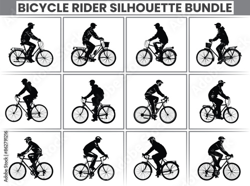 Bicycle Rider silhouette, Cyclist silhouette icon set, silhouettes of people cycling in different positions. bike, cycle, cyclist, ride, vector, bicycle, man, icon, people, illustration, woman, girl, 