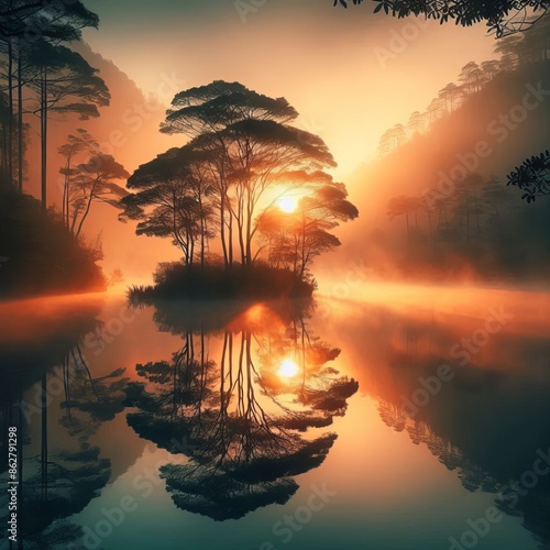 166 89. Water reflection of a sunrise over a misty lake - creati photo