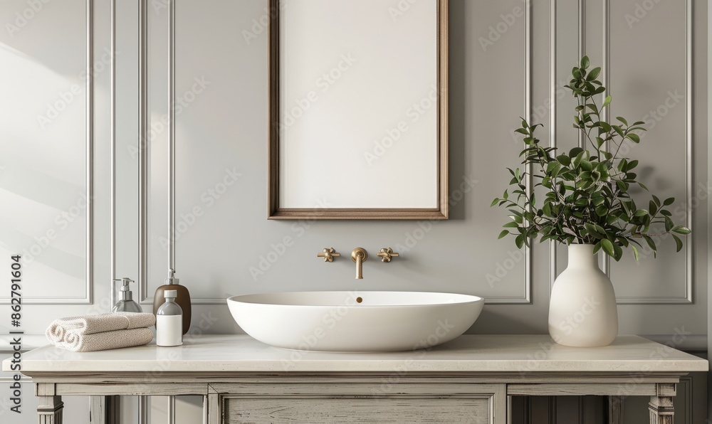 Fototapeta premium Elegant bathroom with a blank frame above the vanity