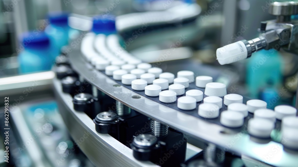 Close-up of pharmaceutical production machinery in action, illustrating the precision and technology involved in drug manufacturing , Close-up of pharmaceutical production machinery in action, illustrating the precision and technology involved in drug manufacturing ,