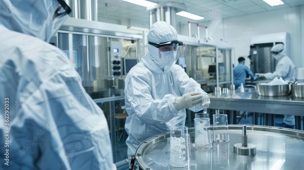 Workers in lab coats and protective gear operating pharmaceutical manufacturing equipment in a modern factory Workers in lab coats and protective gear operating pharmaceutical manufacturing equipment in a modern factory