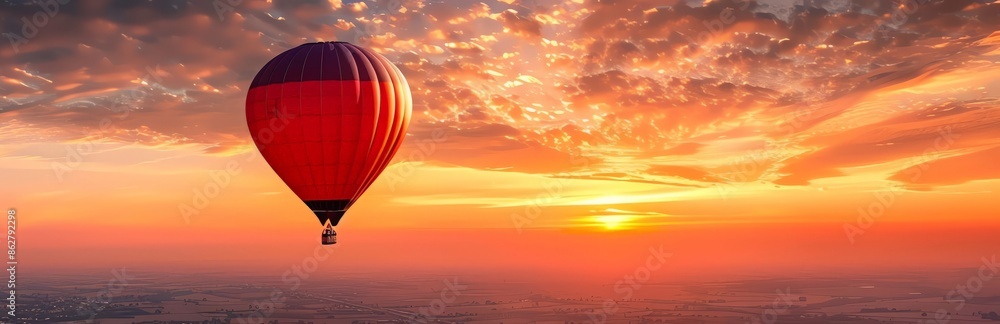 Fototapeta premium Stunning aerial view of a hot air balloon floating above a serene landscape, with a dramatic sky and golden sunlight enhancing the scene