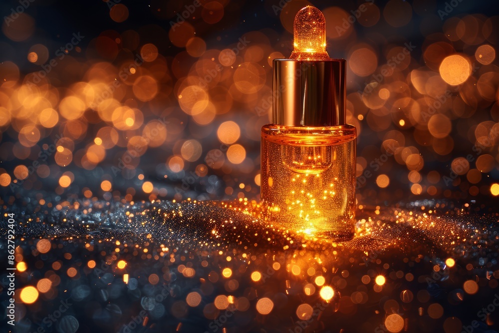 Captured from above, a bottle of golden serum floats amidst swirling golden particles, enveloped in an ethereal glow against a backdrop of sparkling diamonds. Captured from above, a bottle of golden serum floats amidst swirling golden particles, enveloped in an ethereal glow against a backdrop of sparkling diamonds.