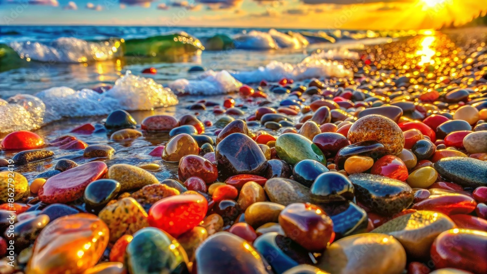 Sunset over Colorful Pebble Beach with Waves Crashing Ashore Sunset over Colorful Pebble Beach with Waves Crashing Ashore