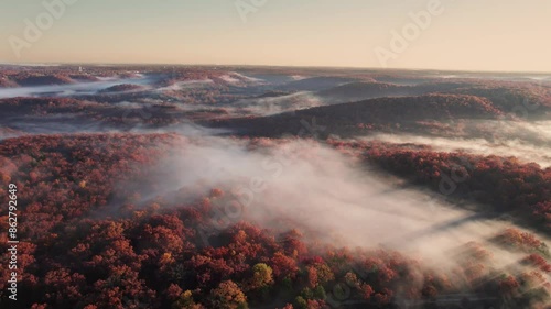 Magical Castle Ruins on a Hill with Low Clouds and Fog Ancient Sunrise Fantasy Scene. Ozark Ha Ha Tonka State Park Missouri.