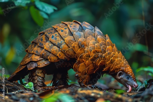 A pangolin walking across a forest floor, its body covered in hard, overlapping scales and its long tongue extended to catch ants © Nico