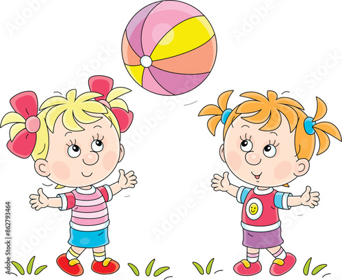 Funny little girls merrily playing a big striped ball on a playground in a summer park, vector cartoon illustration isolated on a white background