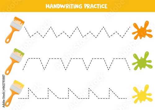 Tracing lines for kids. Paint blobs and brushes. Handwriting practice for children.
