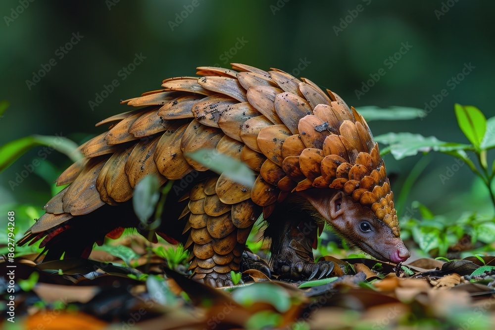 Obraz premium A pangolin walking across a forest floor, its body covered in hard, overlapping scales and its long tongue extended to catch ants
