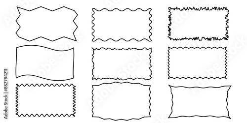 Squiggle line frames set. Jaggered edges, retro scallop frames, psychedelic rectangles, groovy shapes set 