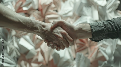 Two hands of different people of different skin color shaking over white crumpled paper background. photo