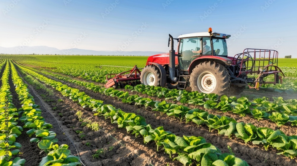 A red tractor is driving through a field of green crops on a sunny day. The tractor is pulling a piece of farming equipment, and the field is well-maintained A red tractor is driving through a field of green crops on a sunny day. The tractor is pulling a piece of farming equipment, and the field is well-maintained