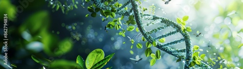 DNA double helix structure intertwined with various green plants and flying insects