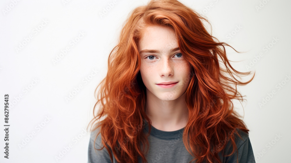 Portrait of a happy smiling red-haired, long haired confident teenage guy with perfect skin, white background, banner. Portrait of a happy smiling red-haired, long haired confident teenage guy with perfect skin, white background, banner.