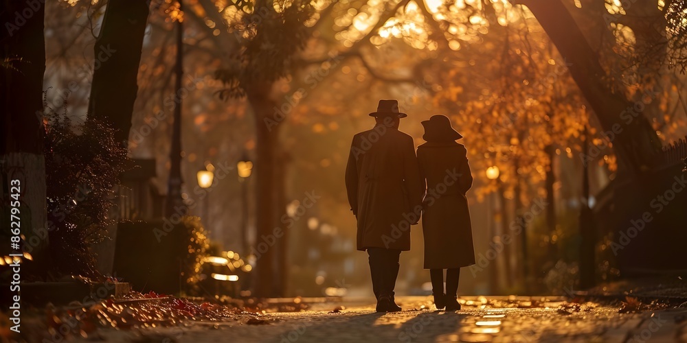 Couple strolling at sunset man in hat woman in coat treelined street. Concept Romantic, Sunset, Couple, Strolling, Tree-lined Street Couple strolling at sunset man in hat woman in coat treelined street. Concept Romantic, Sunset, Couple, Strolling, Tree-lined Street