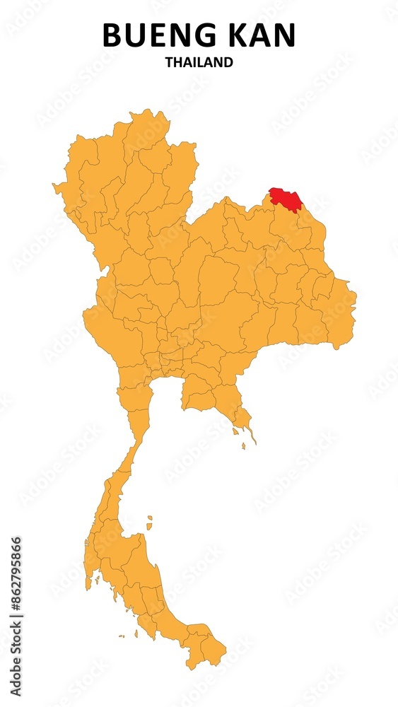 Fototapeta premium Bueng Kan Map is highlighted on the Thailand map with detailed State and region outlines.