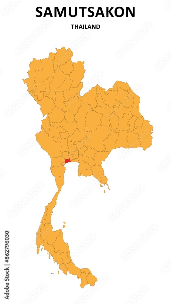 Obraz premium Samutsakon Map is highlighted on the Thailand map with detailed State and region outlines.