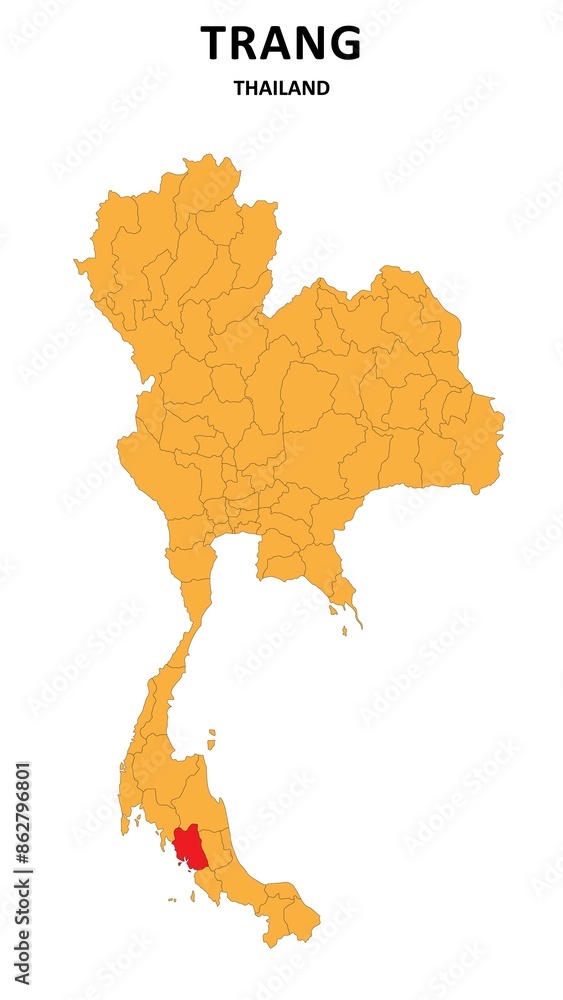 Obraz premium Trang Map is highlighted on the Thailand map with detailed State and region outlines.